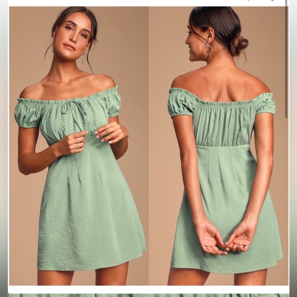 Lulu’s Wisteria Sage Green Embroidered Off The Shoulder Mini Dress M EUC